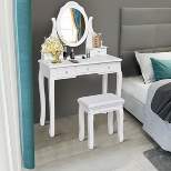 Costway Bedroom Wooden Mirrored Makeup Vanity Set Stool Table Set White 5 Drawers