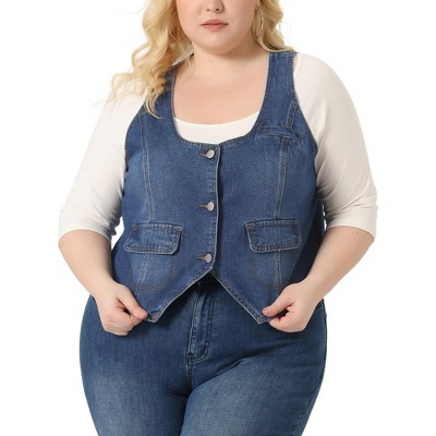 Agnes Orinda Women's Plus Size Trucker Zipper Front Sleeveless Denim Jacket  Vests Blue 1X