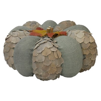 Northlight Fall Harvest Layered Wooden Leaves and Burlap Pumpkin - 10" - Green and Beige