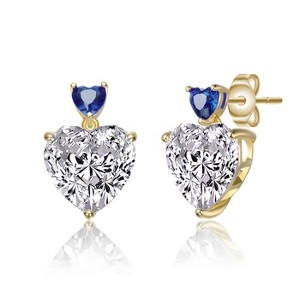 Guili Sterling Silver 14k Gold Plated Two-Stone Heart Dangle Earrings with Colored Cubic Zirconia, Elegant & Versatile for Any Occasion - 1 of 2