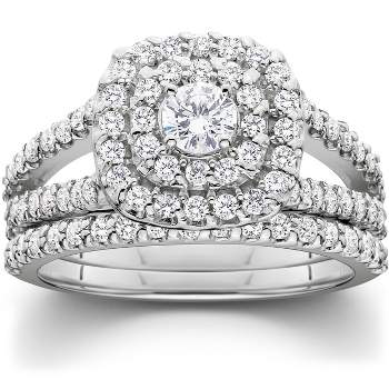 Pompeii3 1 1/10ct Cushion Halo Diamond Engagement Wedding Ring Set 10K White Gold - Size 9