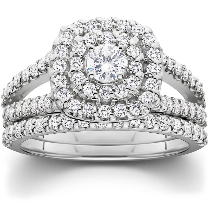 Pompeii3 1 1/10ct Cushion Halo Diamond Engagement Wedding Ring Set 10K White Gold - Size 9, 1 of 6