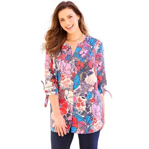 Catherines Women's Plus Size Georgette Buttonfront Tie Sleeve Cafe Blouse - 1 of 4