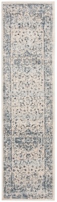 Ivory and Navy Floral Motif Low Pile Runner Rug
