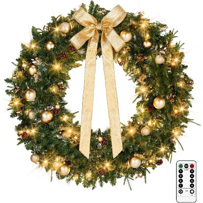 VINGLI 48" Outdoor Wreath With 150 LEDs, 450 Tips, Bow, Pine Cones & Gold Ornaments. Ideal For Front Doors, Fireplaces, And Walls