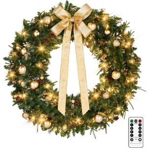 VINGLI 48" Outdoor Wreath With 150 LEDs, 450 Tips, Bow, Pine Cones & Gold Ornaments. Ideal For Front Doors, Fireplaces, And Walls - 1 of 4