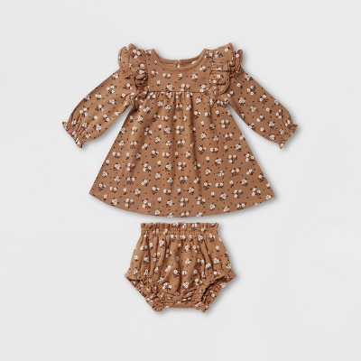Q by Quincy Mae Baby Girls' 2pc Floral Brushed Jersey Long Sleeve Dress with Bloomer - Light Beige 0-3M