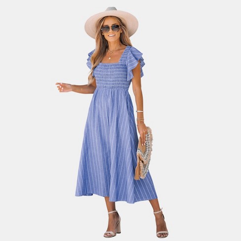 Women's Pinstriped Smocked Maxi Dress - Cupshe-xl-blue : Target