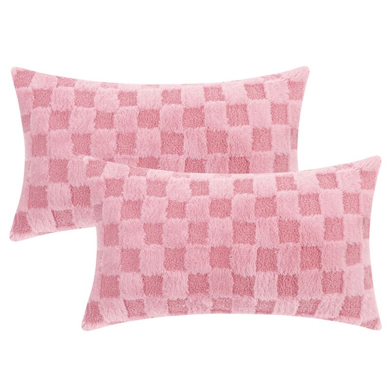 Unique Bargains Decorative Faux Fur Soft Cozy Plush Plaid Decorative Throw Pillow Covers 2 Pcs, 1 of 7
