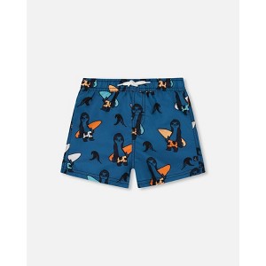 Deux par Deux Boy Printed Swim Trunks Orange Sloths on Navy Blue - 1 of 4
