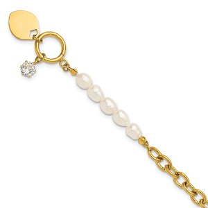 Chisel Stainless Steel Yellow IP-plated with Half White Freshwater Cultured Pearl and CZ Heart Dangle 8.25" Bracelet - 1 of 4