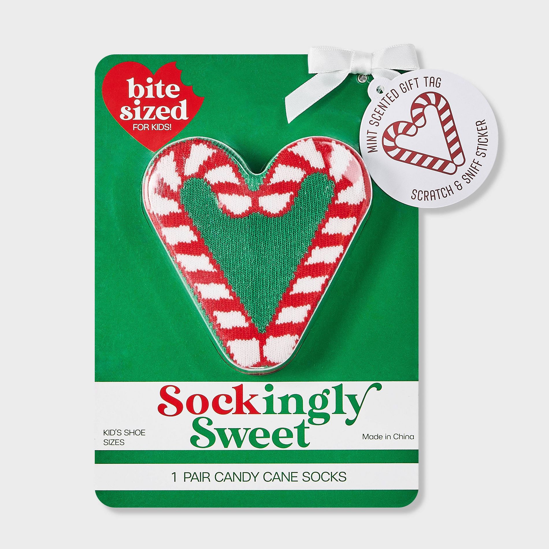 Kid's Candy Cane Hearts Christmas Crew Socks - Green/Red/White 2-5