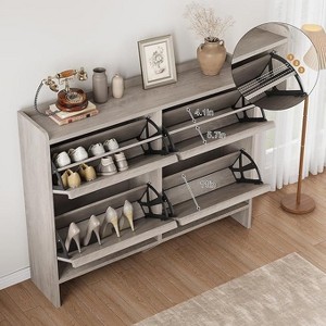 Shoe Cabinet with Flip-Down Doors - Space-Saving Entryway Organizer with Adjustable Shelf, Wooden Shoe Storage - 1 of 4