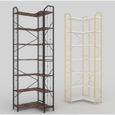 Industrial 7-Tier Corner Bookshelf - Metal Frame Bookcase Storage Organizer for Living Room, Office, or Bedroom