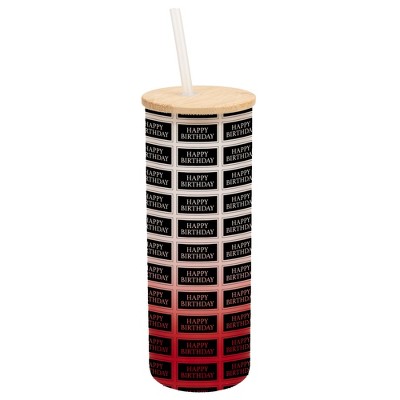Elanze Designs Happy Birthday Banner Stamp Wrap-Around Design 25 Ounce Frosted Gradient Glass On-The-Go Coffee Travel Skinny Tumbler Mug Cup, Bamboo