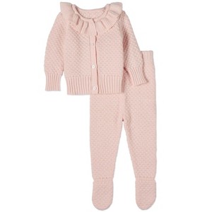 MiniMoi 2 Piece Set Baby Girls 100% Cotton Knit Cardigan and Footed Pant Baby Pink 12 Months - 1 of 4