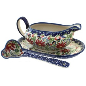 Blue Rose Polish Pottery S119 Manufaktura Gravy Boat Plate & Ladle - 1 of 2