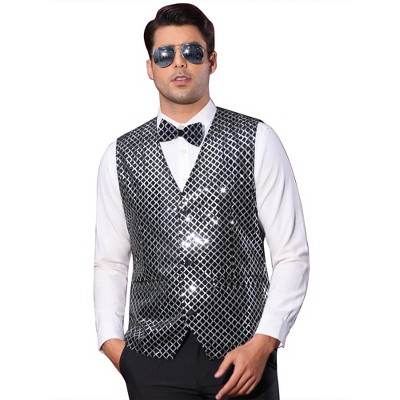 Lars Amadeus Men's V-Neck Party Dress Prom Nightclub Shiny Sleeveless Argyle Sequin Vest
