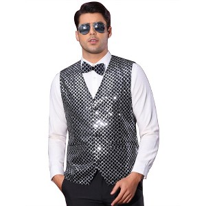 Lars Amadeus Men's V-Neck Party Dress Prom Nightclub Shiny Sleeveless Argyle Sequin Vest - 1 of 4
