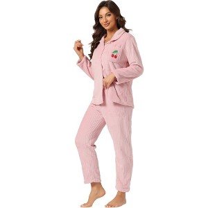 Allegra K Women's Flannel Button Down Lounge Winter Long Sleeves Pajama Sets - 1 of 4