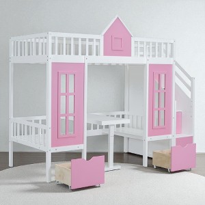 Twin Over Twin Convertible Loft Bed with Built-in Table and Seating, Solid Wood Frame, Playhouse Design - 1 of 4
