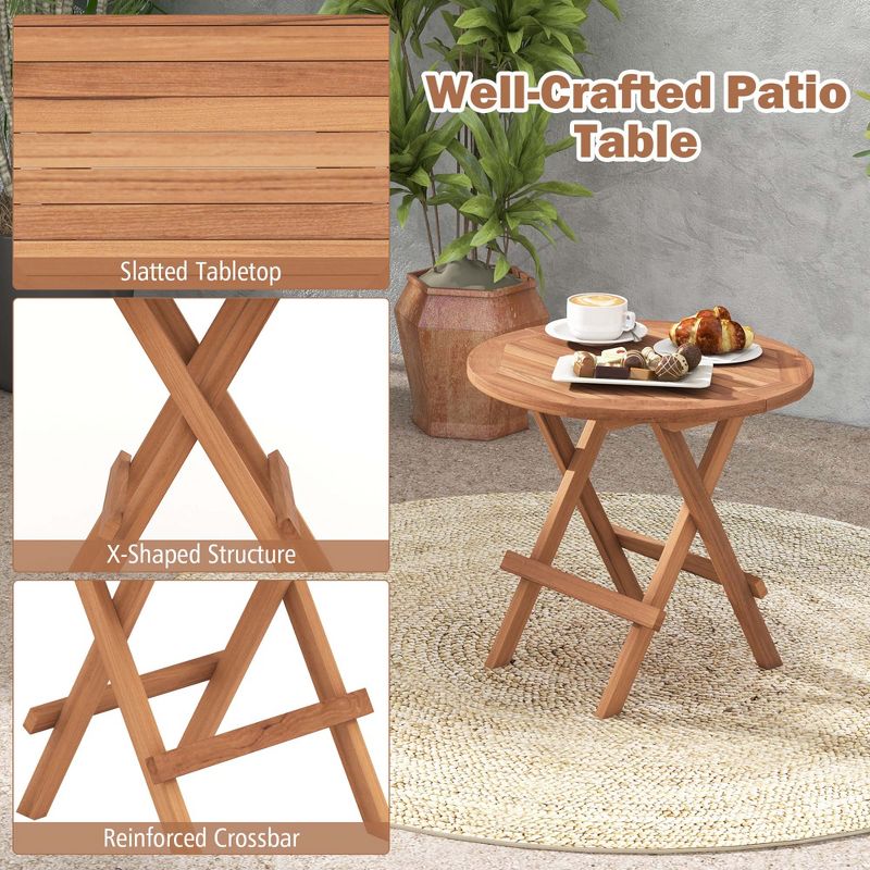 Costway 3PCS Patio Bistro Set Round Table Indonesia Teak Wood Folding Chair Slatted Tabletop Seat, 5 of 10