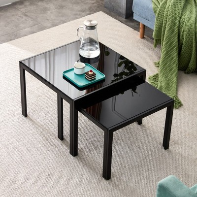 Nesting Coffee Table Set Of 2, Square Modern Stacking Table, With Tempered Glass Finish, Metal Frame, Nesting Coffee Table