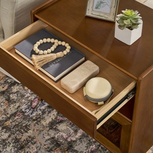 Gulches Mid-Century Modern Nightstand Dark Walnut - 2 Drawers with Charging Station, Open Shelf & Glass Dresser - 1 of 4