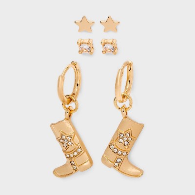 Star and Cowgirl Boot Hoop Earring Set 3pc - Wild Fable™ Gold