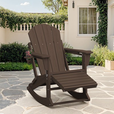 Adirondack Rocking Chair with Retractable Ottoman and Cup Holder, All Weather HDPE Folding Adirondack Chair,Fire Pit Chair for Porches, Patios