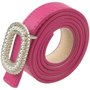 INSPIRE CHIC Women's Faux Leather Thin Belt Ladies Belt with Pearl Rhinestone Buckle for Jeans Pants - 1 of 4