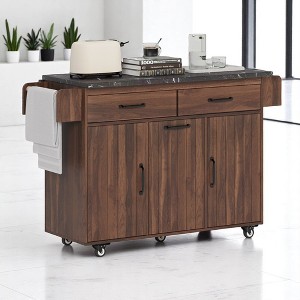 Kitchen Island with Hidden Trash Can Cabinet, Drop Leaf Countertop, 2 Drawers, 3-Door Storage, Towel Racks, Kitchen Cart with Adjustable Shelves - 1 of 4
