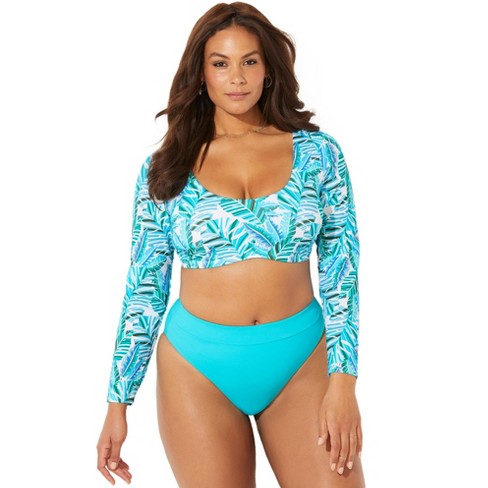 Swimsuits For All Women's Plus Size Ambition Long Sleeve Cropped Bikini Top  : Target
