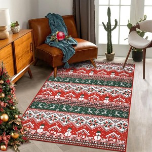 Machine Washable Area Rug, Low Pile Non-Slip Floor Mat with Snowmen & Houses, Festive Holiday Carpet for Living Room Bedroom, Red/Green - 1 of 4