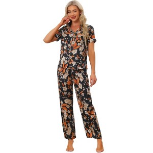 cheibear Women's Silky Short Sleeves Sleepshirt with Pants Sleepwear Pajama Set 2 Pcs - 1 of 4