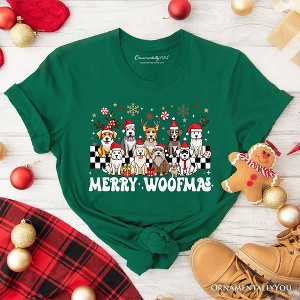 Merry Woofmas Dog Mama T‑Shirt, Dogs With Santa Hats Christmas Tee | OrnamentallyYou - 1 of 4