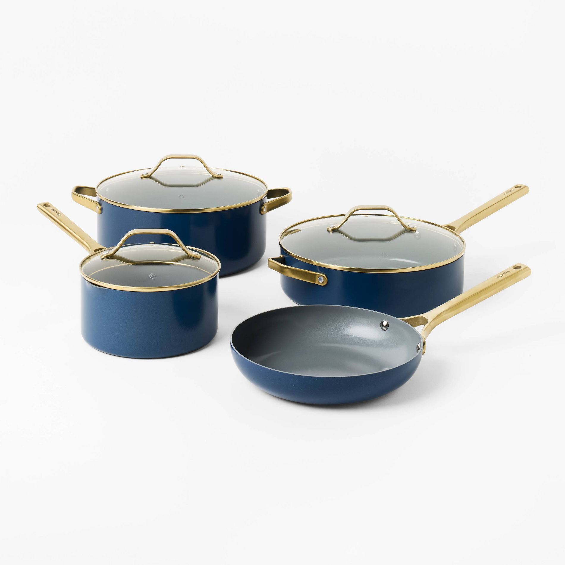 7pc Nonstick Ceramic Coated Aluminum Cookware Set with Champagne Handles Navy - Figmint™