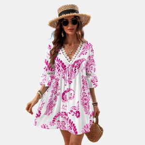 Women's Green/Pink Paisley V-Neck Mini Beach Dress - Cupshe - 1 of 4