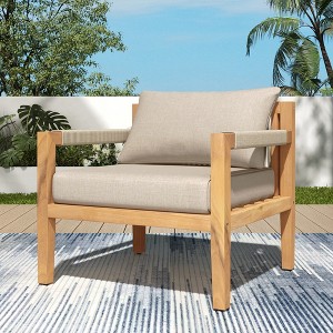 KWPZQEB Rope Leisure Chair, Mid-Century Modern Armchair with Solid Wood Legs & Upholstered, Accent Chair for Living Room, Balcony, Patio, Beige - 1 of 4