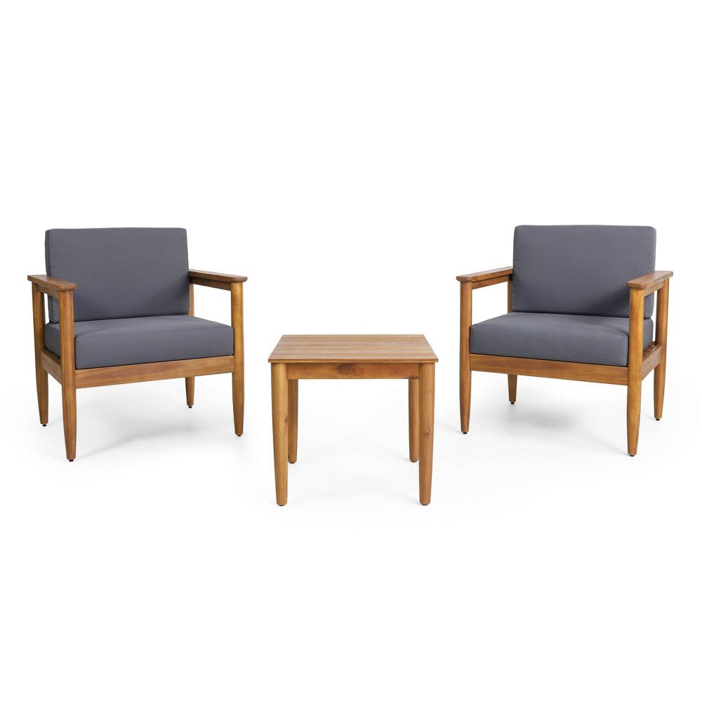 3pc Magnolia Patio Acacia Wood 2 Seater Chat Set - Teak/Dark Gray - Christopher Knight Home: Outdoor Conversation Furniture with Cushions