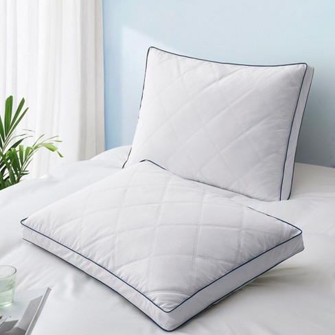 Peace Nest Goose Feather Down Pillow White Quilted Cotton Cover Set of 2, Diamond-Navy, Standard/Queen