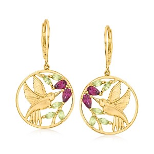 Ross-Simons 0.90 ct. t.w. Rhodolite Garnet and .70 ct. t.w. Peridot Hummingbird Drop Earrings in 18kt Gold Over Sterling - 1 of 4
