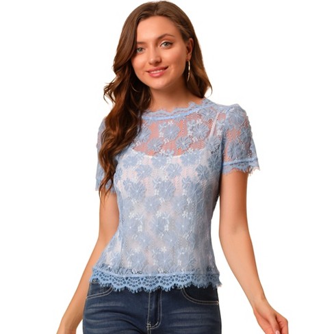 Allegra K Women's Lace Floral Scalloped Trim Short Sleeve Semi Sheer Top :  Target