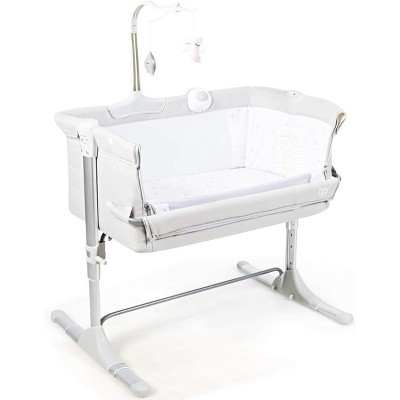 Safstar Baby Bedside Crib, Portable Foldable Bedside Bassinet w/Toy Arch, Music, Thick Mattress, Adjustable Height, Light Gray