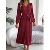 Women Fall Casual Pleated Long Sleeve Maxi Dress V Neck Button Boho Flowy Swing A Line Long Dress with Belt - 3 of 4