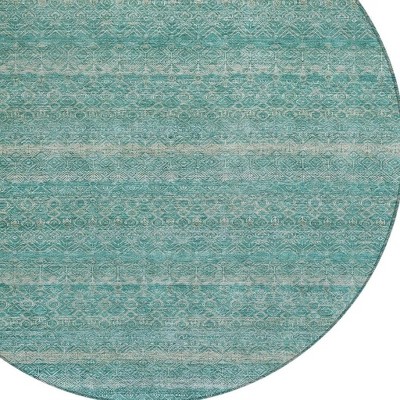 HomeRoots 8' Teal Blue And Beige Round Striped Washable Indoor Outdoor Area Rug