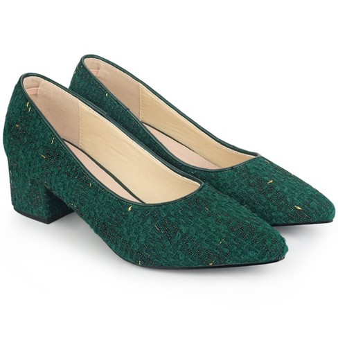 Allegra K Women s Pointy Toe Tweed Plaid Knitted Print Chunky Heels Pumps Green 11 Target