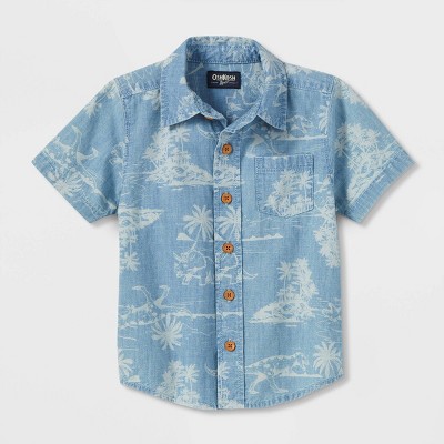 OshKosh B'gosh Toddler Boys' Dino Palm Print Chambray Woven Short Sleeve Button-Down Shirt - Blue