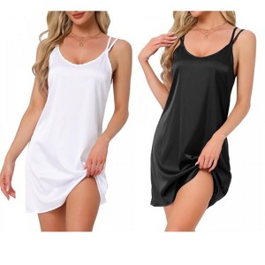 INSPIRE CHIC Women's 2 Pcs Double Strap Satin Nighty Chemise Slip Silky Sleep Camisole Dress - 1 of 4
