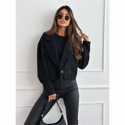 Womens Coat Wool Blend Cropped Coat Pea Coat Double Breasted Fashion Coat